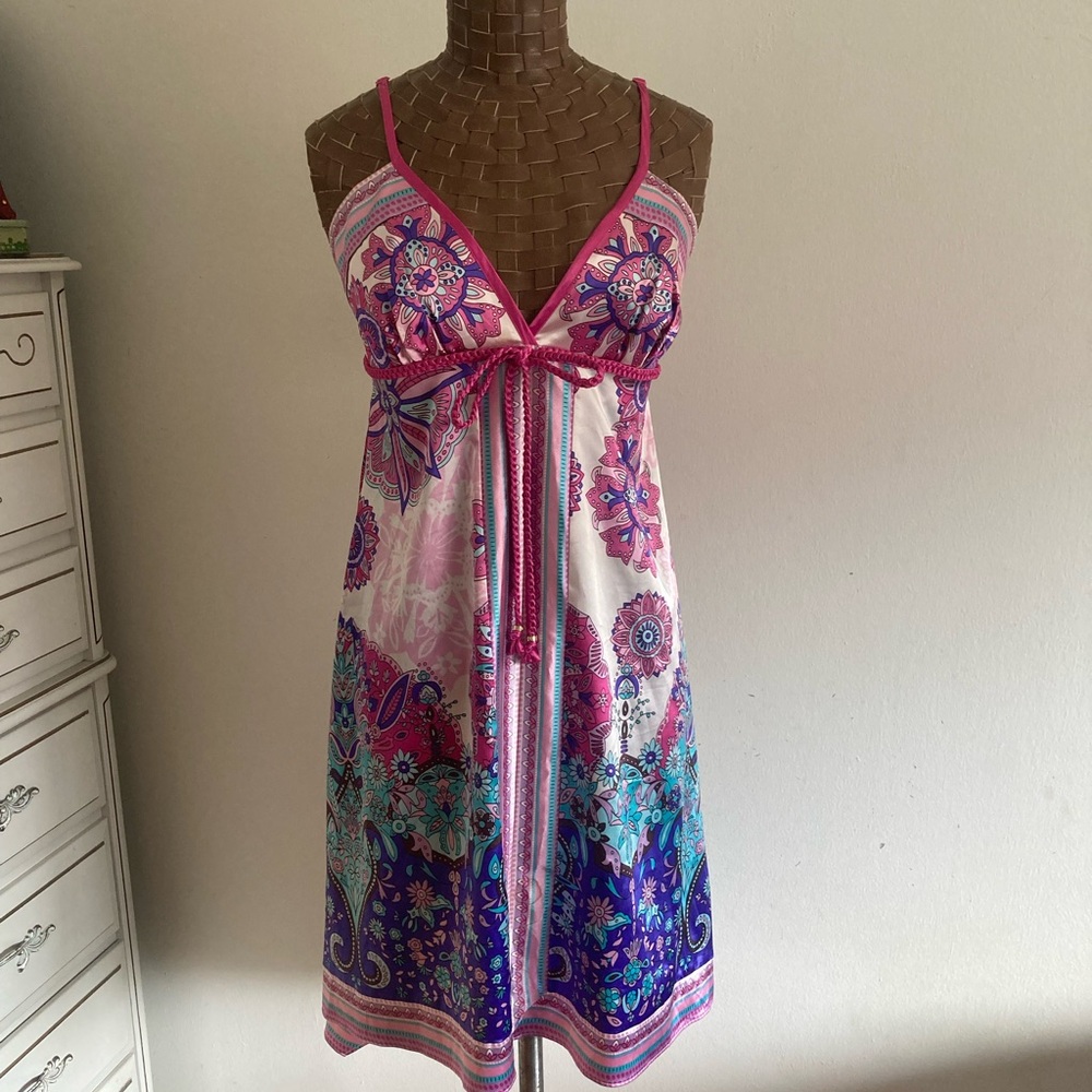 Guess Satin Summer Dress Pink/Blue Multicolour Size Medium.